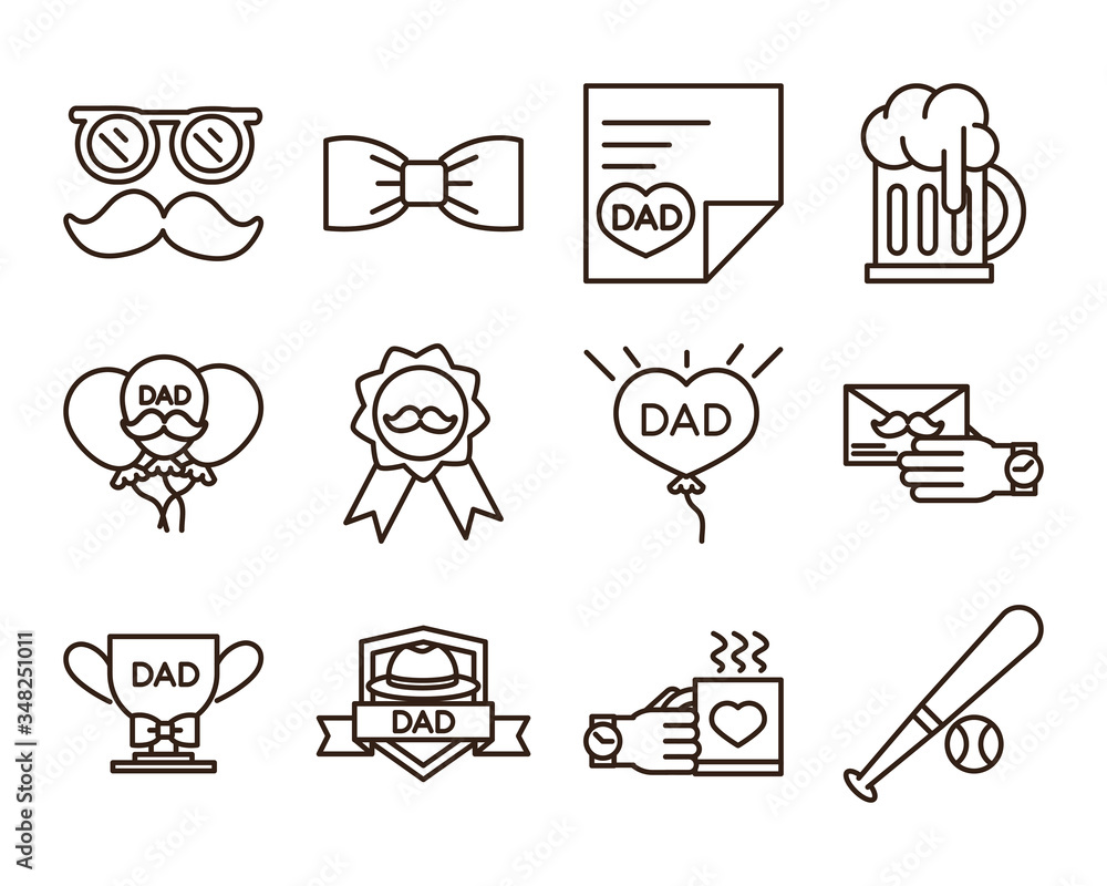 happy fathers celebration accessories message party icon set line style Stock Vector | Stock
