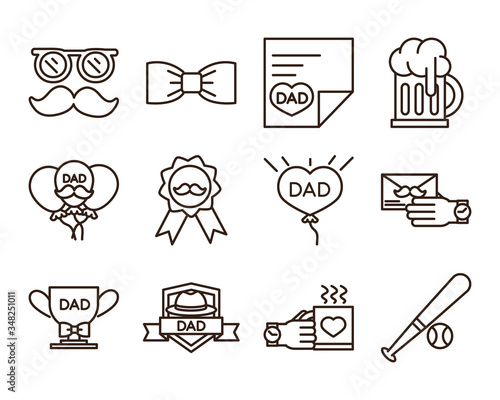 happy fathers day, celebration accessories message decoration party icon set line style icon