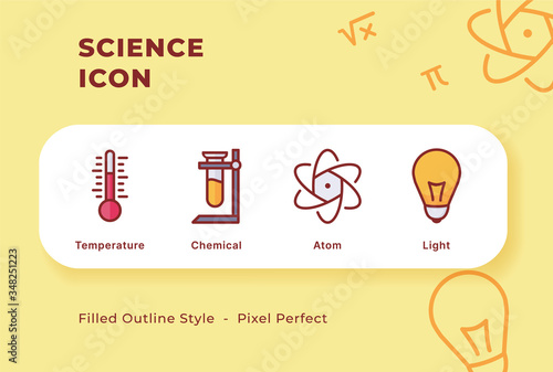 Science icon set with modern flat filled outline style.