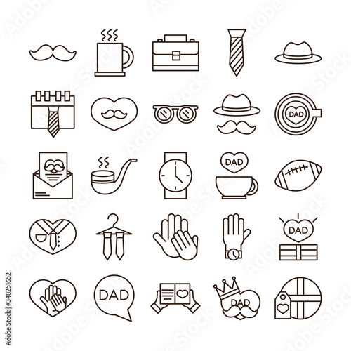 happy fathers day, celebration accessories message decoration party icon set line style icon