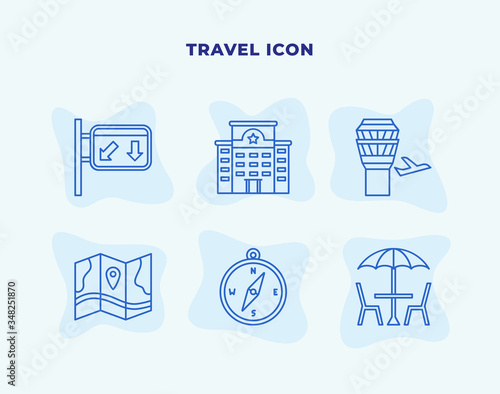 Travel icon set with blue line modern flat style.