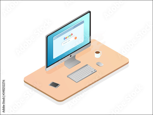 desktop with computer and a cup of coffee