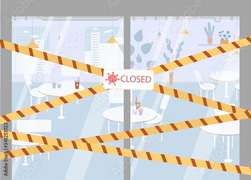 Signboard closed police striped border tape hanged on restaurant glass door. Warning sign, flu epidemic awareness. Food service establishments. Business crisis, bankruptcy. Coronavirus lesion
