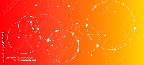Abstract vector illustration with overlapping circles, dots and dashed circles. Science and connection concept. Wide molecule structure background.