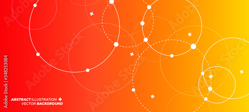 Abstract vector illustration with overlapping circles, dots and dashed circles. Science and connection concept. Wide molecule structure background.