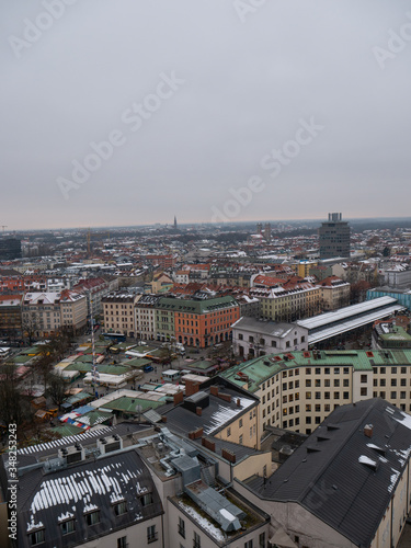 aerial view of munich germany streets winter church cathedral