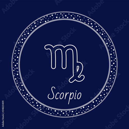 Scorpio zodiac sign isolated icon. Symbol of Eagle, Phoenix and Scorpius. Astrological sign used for horoscopes. Circle with abstract shape letter and calligraphic inscription vector in flat