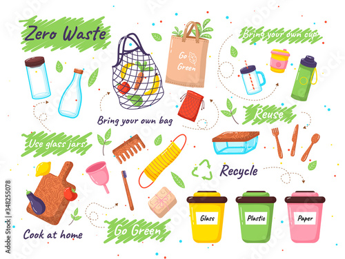 Set of zero waste elements and lettering. Zero waste doodles no plastic, garbage sorting campaign symbols stickers, icons pack. Go green, eco style, save the planet, eco bags, disposable containers