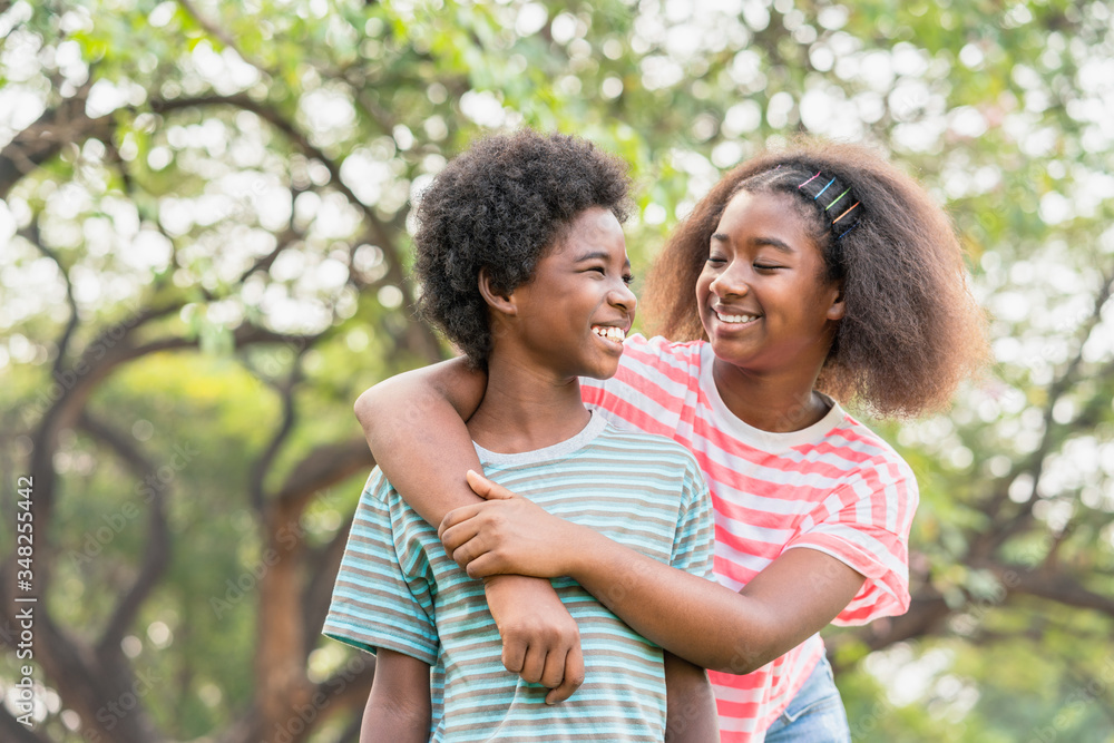 Lovely and Happy African american young sister hugging her brother in the park.Family and relationship concept. Lovely and Happy African american young sister hugging her brother in the park.Family and relationship concept.