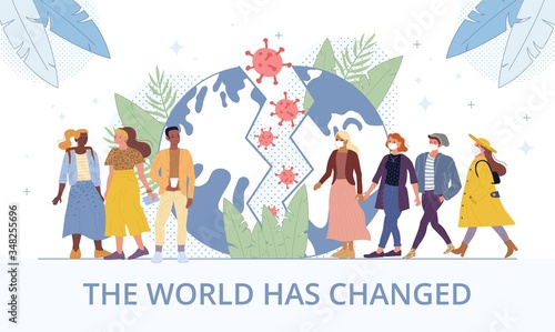 World global change. Coronavirus outbreak crisis. Two international people group in protective face mask without respiratory. Earth planet chopped in half by dangerous viral flu infection molecule