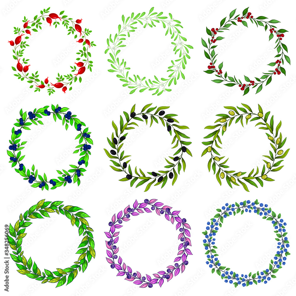 Set of floral wreaths; round floral frames for greeting cards, invitations, wedding cards, posters, banners. Set of floral wreaths; round floral frames for greeting cards, invitations, wedding cards, posters, banners.