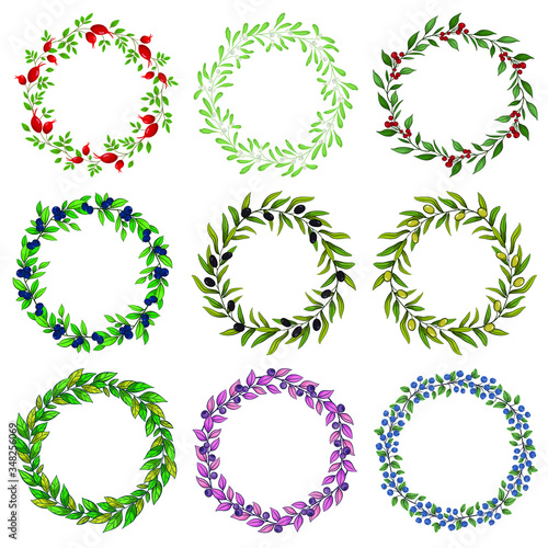 Set of floral wreaths; round floral frames for greeting cards, invitations, wedding cards, posters, banners.