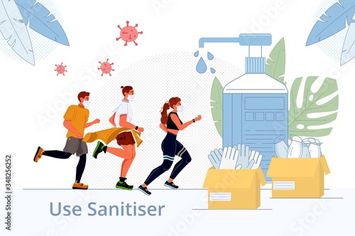 Disinfection sanitization human health protection. Active sport man woman running to disinfectants, antisepsis bottle, protective gloves face mask in parcel package. Coronavirus destruction. Hygiene