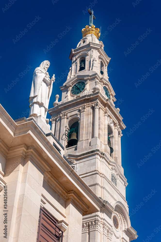 Fatima, Portugal. View of the Basilica of Our Lady of the Rosary, inside the Sanctuary site. Place of the Marian apparitions including the Secrets of Fatima. Bell tower detail.