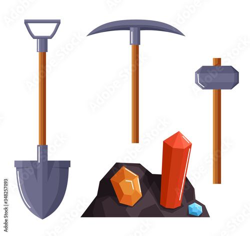 Mining equipment isolated on white background. Pickaxe, shovel and hammer with wooden handles. Tools for excavation in quarries. Colorful gemstones in ground. Vector illustration in flat style