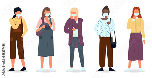 Multinational women wearing face medical masks. Viral pandemia. People in protective masks at white. Vector cartoon characters. Coronavirus 2019-ncov flu. Respiratory protection virus pandemia