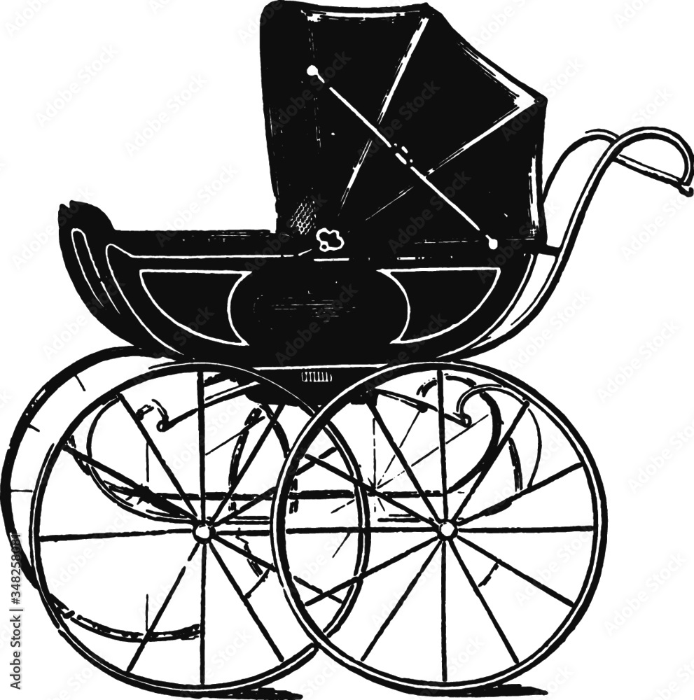 Vintage pram stroller, Vector Drawing of a 19th century engraving Stock