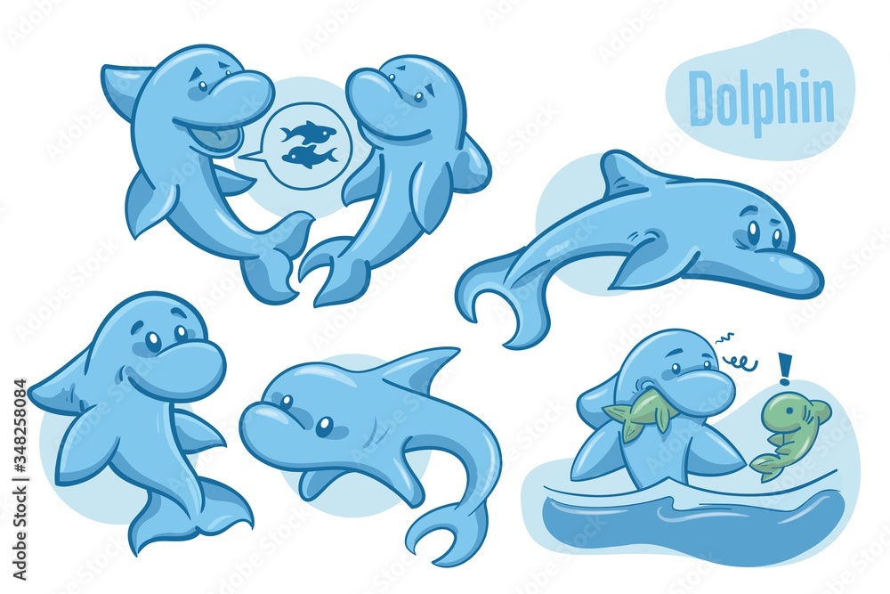 Set of hand drawn cartoon dolphins. Sea life illustration. Vector. Set of hand drawn cartoon dolphins. Sea life illustration. Vector.