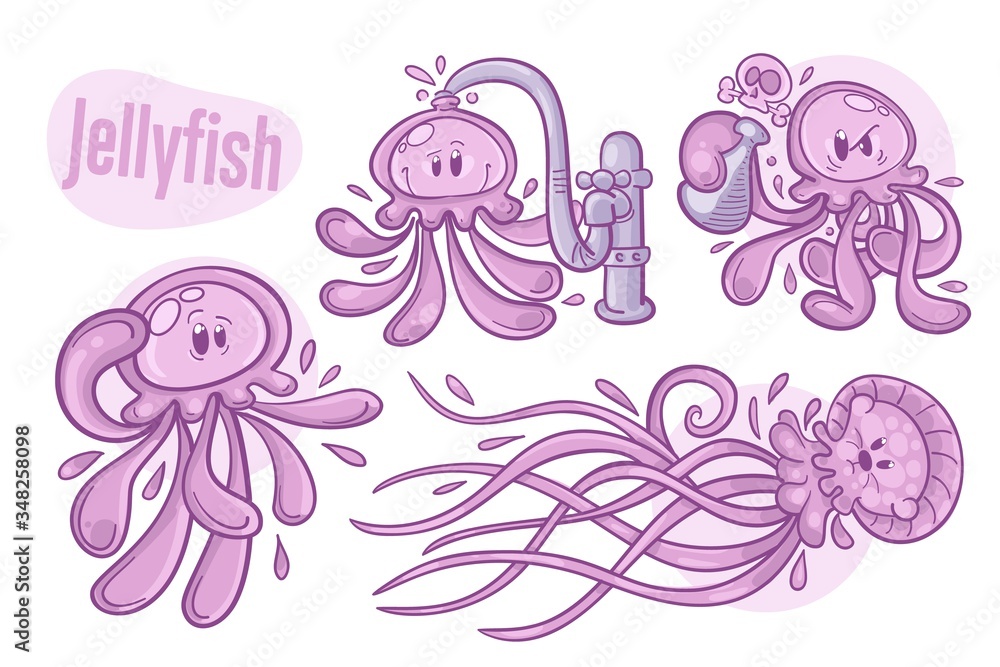 Set of hand drawn cartoon jellyfishes. Sea life illustration. Vector. Set of hand drawn cartoon jellyfishes. Sea life illustration. Vector.