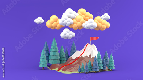The mountains are surrounded by pine trees and clouds on a purple background.-3d rendering.