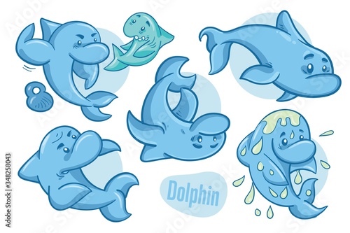 Set of hand drawn cartoon dolphins. Sea life illustration. Vector.