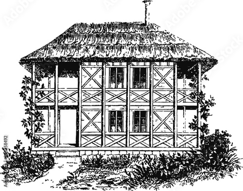 Vintage Asian House, Vector Drawing of a 19th century engraving