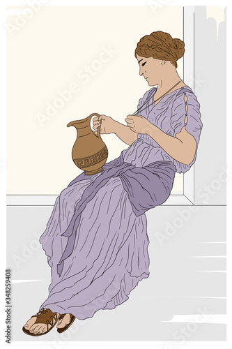 A young ancient Greek woman sits on a stone parapet and holds a jug of wine in her hand.