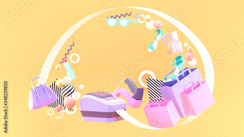 Shopping bill rolls in a circle among shopping bags  high heels  sunglasses  handbags and lipsticks on an orange background.-3d rendering.