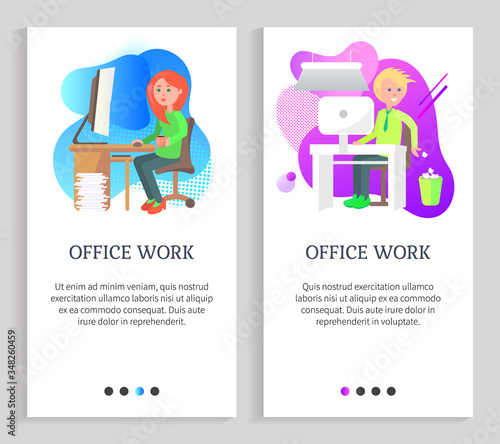 Woman working with computer, man sitting at desktop, throwing garbage in urn, worker character using pc, employee in office, job occupation vector. Website or slider app, landing page flat style