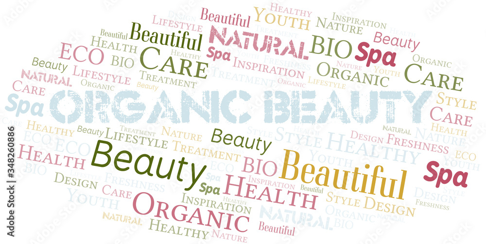 Organic Beauty word cloud collage made with text only.