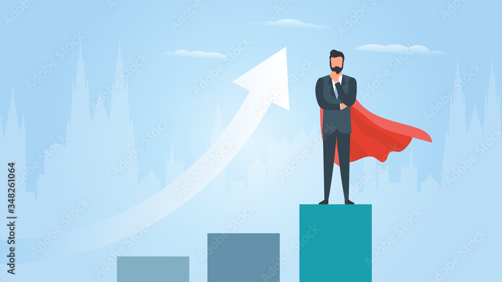 Businessman with a red cloak. Business growth. A man in a suit ponders an idea. The concept of a successful entrepreneur. Vector. Businessman with a red cloak. Business growth. A man in a suit ponders an idea. The concept of a successful entrepreneur. Vector.