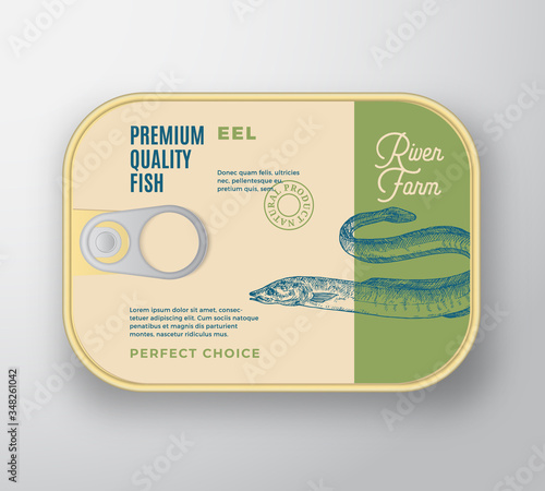 Abstract Vector Fish Aluminium Container with Label Cover. Retro Premium Canned Packaging Design. Modern Typography and Hand Drawn Eel Silhouette Background Layout.