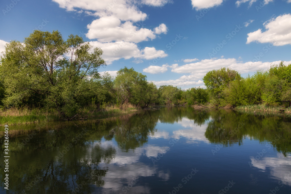 Daytime landscape with lake trees and clouds and reflection in the water