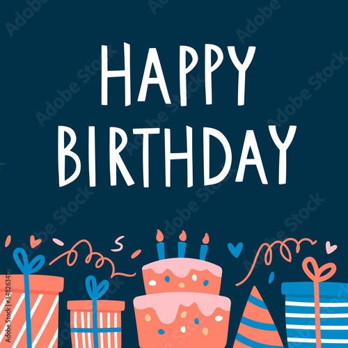 Vector illustration of happy birthday postcard with text lettering on dark background. Party elements, cake, gift box, party hat and glitter. For greeting card, design, print, poster, blog