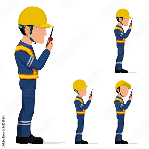 Set of worker is talking with the walkie-talkie.