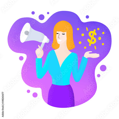 Blond sexy info business woman speaking into a megaphone. Promoter lady showing coin and dollar sign. Modern liquid shape background. Finance concept e-commerce digital flat design vector illustration