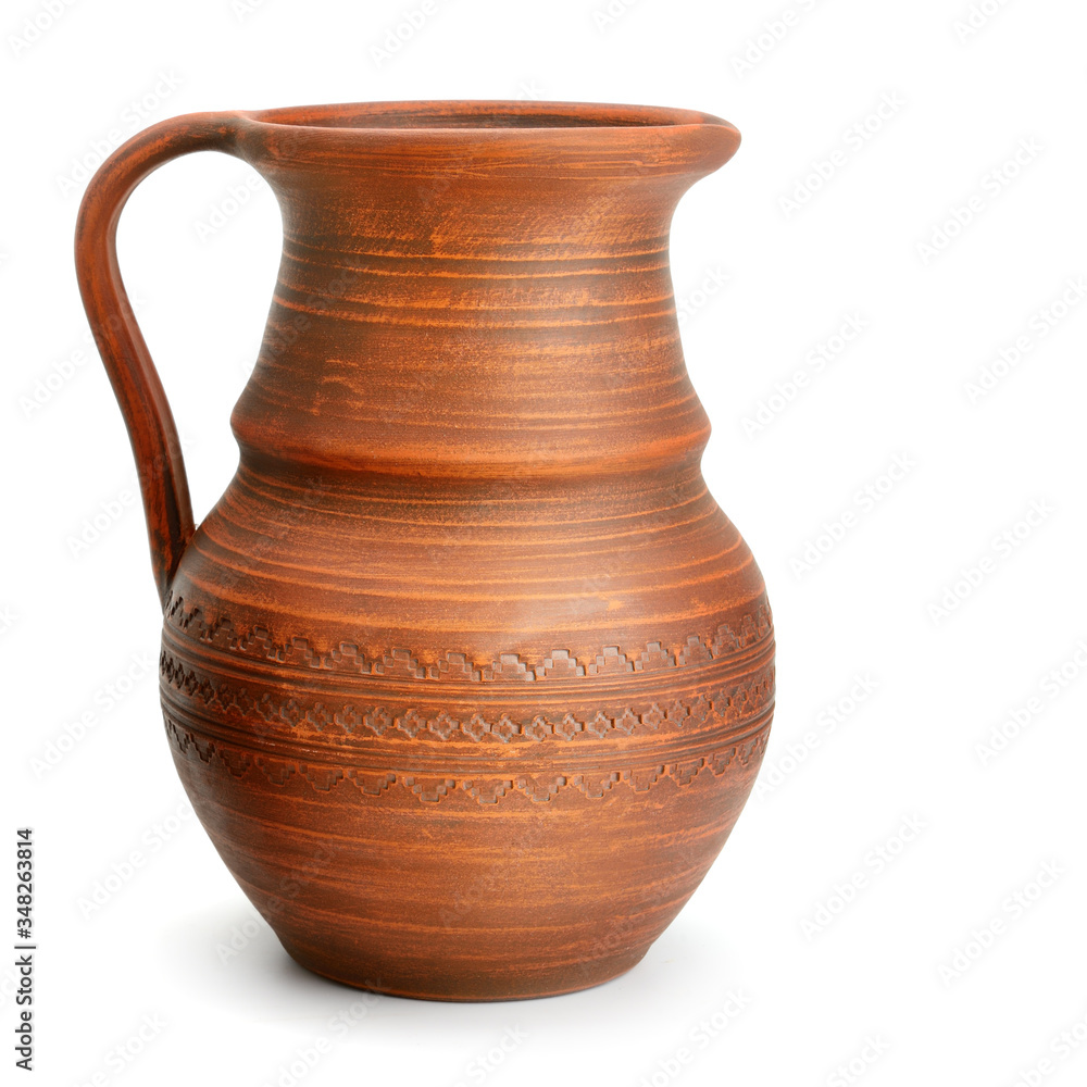 Clay jug isolated on white background.