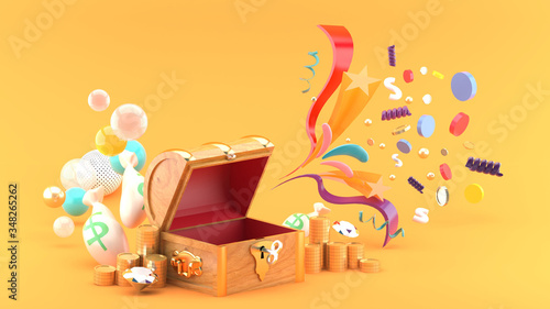 The treasure box is surrounded by coins, diamonds and money bags on an orange background.-3d rendering.. photo