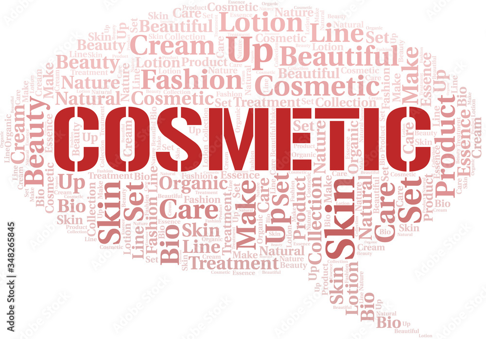 Cosmetic word cloud collage made with text only.