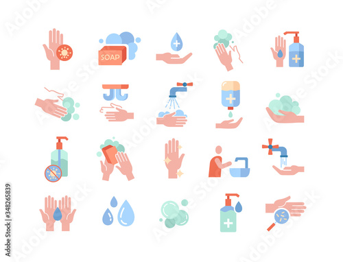 Set of twenty personal hygiene and hand washing icons depicting assorted soaps, sanitizers and people washing their hands, colored vector illustration