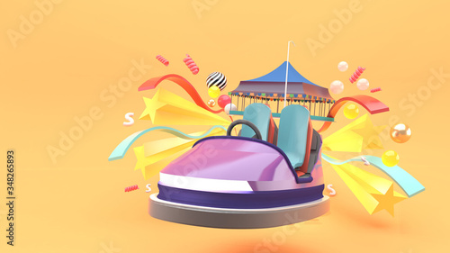 Carnival car surrounded by stars and ribbons on an orange background.-3d rendering..