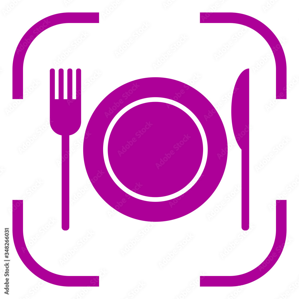 Restaurant, fork knife plate icon in focus. White background Restaurant, fork knife plate icon in focus. White background
