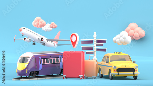 Suitcase surrounded by taxis, electric trains and planes on a blue background.-3d rendering..
