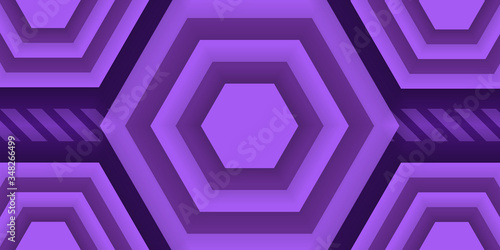 Hexagon abstract background. Honeycomb template 3D purple color. Vector illustration geometric shapes. Horizontal violet banner. Paper cut background. Hexagons backdrop. Honeycombs in origami style.
