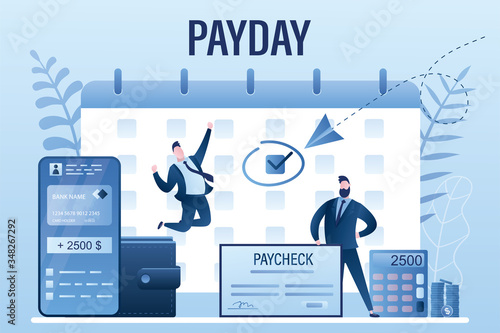 Calendar with payday date. Handsome boss holding paycheck. Happy male worker getting salary.