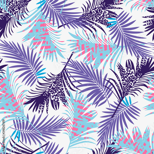 Trend colors summer seamless pattern with tropical pink black plants on a menthol background. Floral  Hawaii print.  Creative abstract background. Jungle Exotic wallpaper.