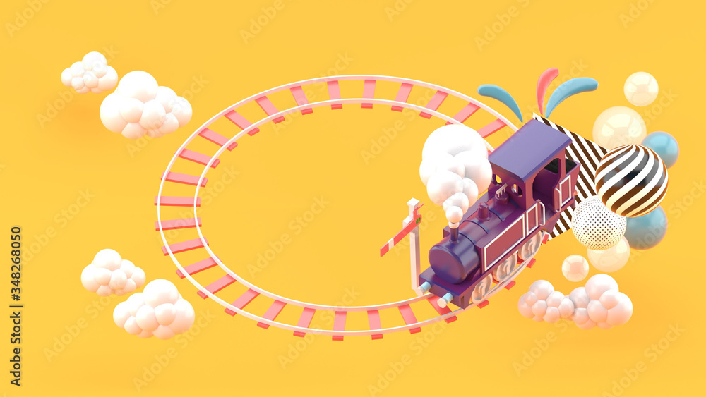 Fototapeta premium Train on a circular track surrounded by clouds and colorful balls on an orange background.-3d rendering..