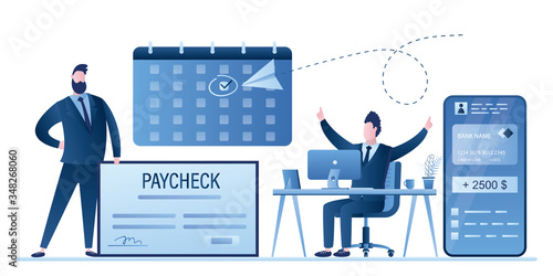 Calendar with payday date. Handsome boss holding paycheck. Happy male worker getting salary.