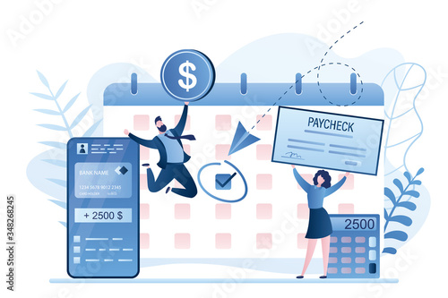 Calendar with payday, calculator and business people holding paycheck and coin. Employees get salary.