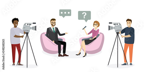 Female reporter with microphone interviews caucasian businessman. Workers with cameras create video content.